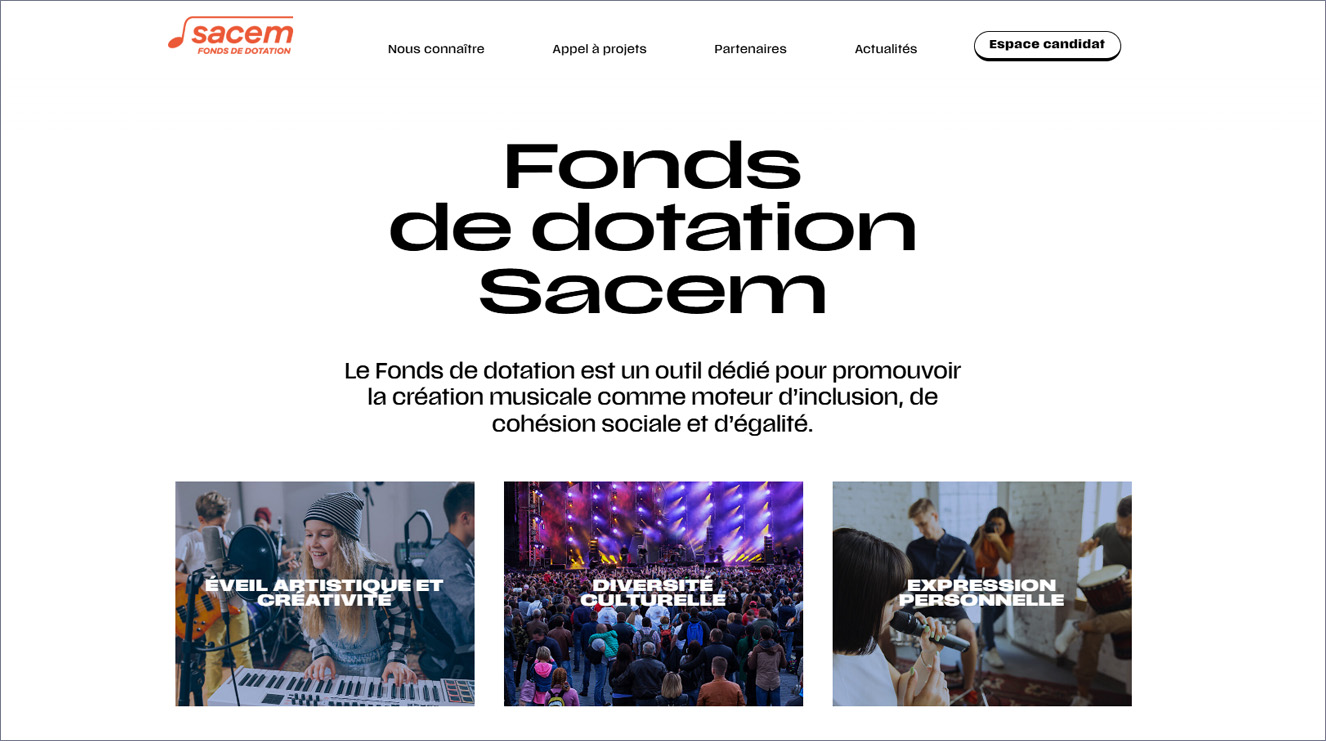 Page d'accueil du site du Fonds de dotation Sacem